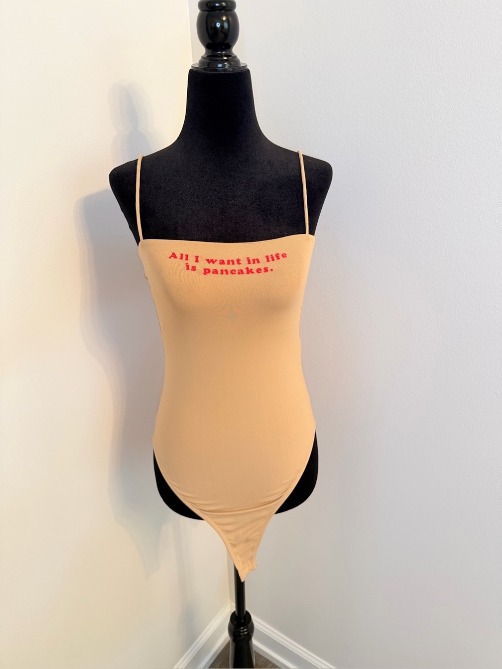 Zara Nude Beige Spaghetti Strap Bodysuit with Red Accent